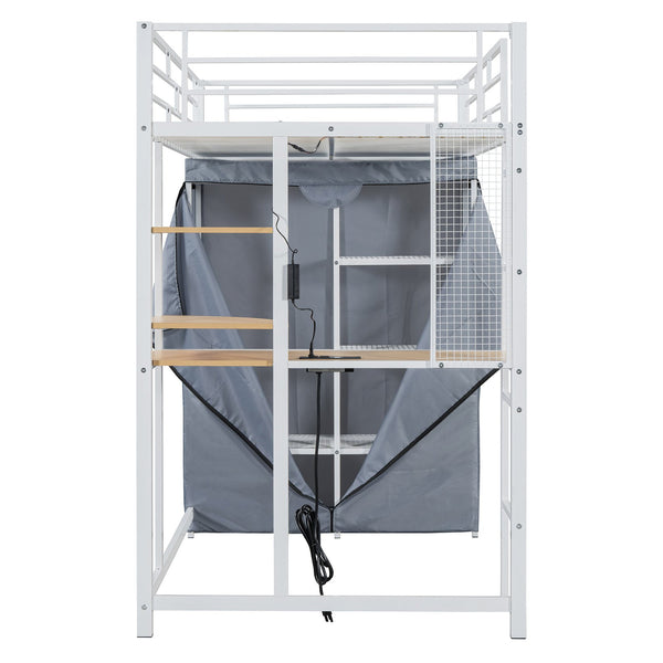 English Elm Twin Loft Bed with Built-In Desk, LED Light Strip, Power Outlet & Fabric Wardrobe for Small Rooms White SF000178AAK