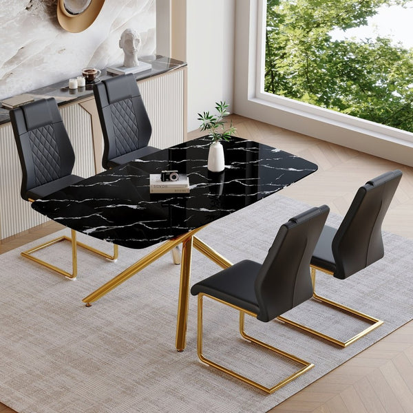 English Elm Table and Chair Set Marble Tempered Glass Top Gold Sculptural Legs Four Pu Seats Black+Gold W1151S03292