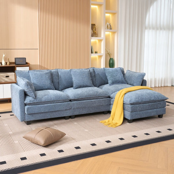 English Elm Beige Chenille Sectional Sofa with Modular Ottoman for Living Room or Studio Blue W2603S00007