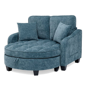 English Elm Two-seater Corduroy Loveseat with Sculptural Asymmetric Design and Hidden Ottoman Storage Blue W487S00464