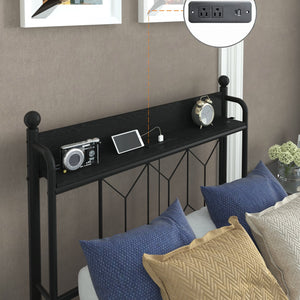 English Elm Twin Bed Frames with Storage Headboard, Built-In USB/Type-C Charging, LED Light, Space-Saving Design Black W2129P314785