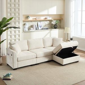 English Elm Modern Chenille L-shaped Sectional with Usb Charging Ottoman Storage Living Room Couch Beige W2120S00016