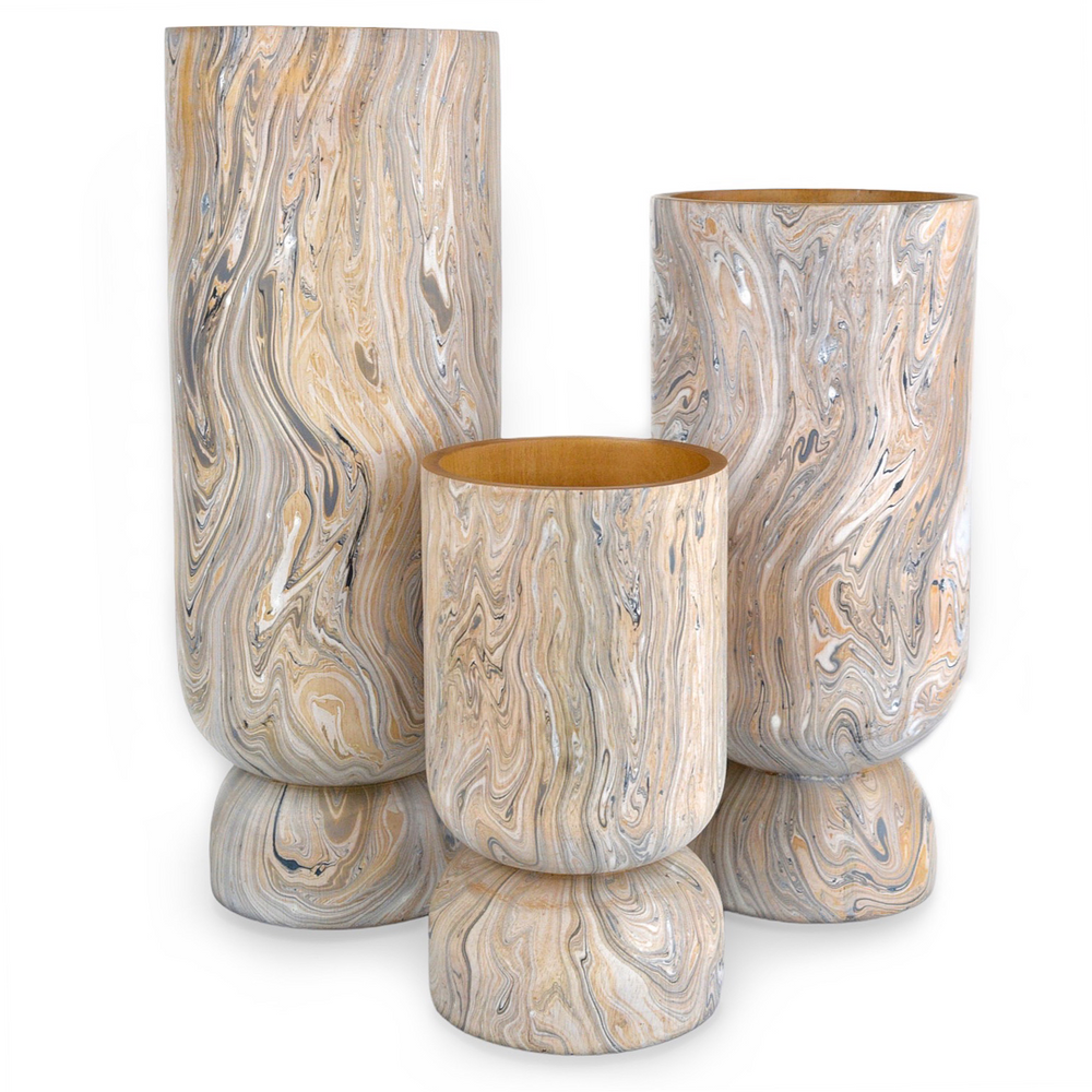 London Sky Decorative Vase Trio – Hand-Painted Gray & Peach Wood Vases for Bohemian Home Decor