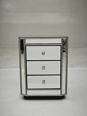 English Elm 3-Drawer Mirrored Nightstand with Silver Beaded Trim, 3 Spacious Drawers, Crystal Knobs, Sturdy Chic W1005P366579