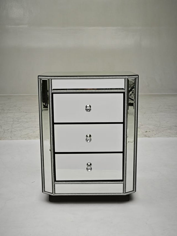 English Elm 3-Drawer Mirrored Nightstand with Silver Beaded Trim, 3 Spacious Drawers, Crystal Knobs, Sturdy Chic W1005P366579