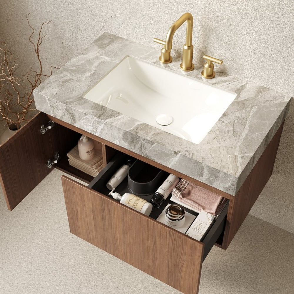 English Elm Muri Floating Bathroom Vanity Plywood Cabinet Oak Veneer Sintered Stone Top 36 Inch W2615S00593