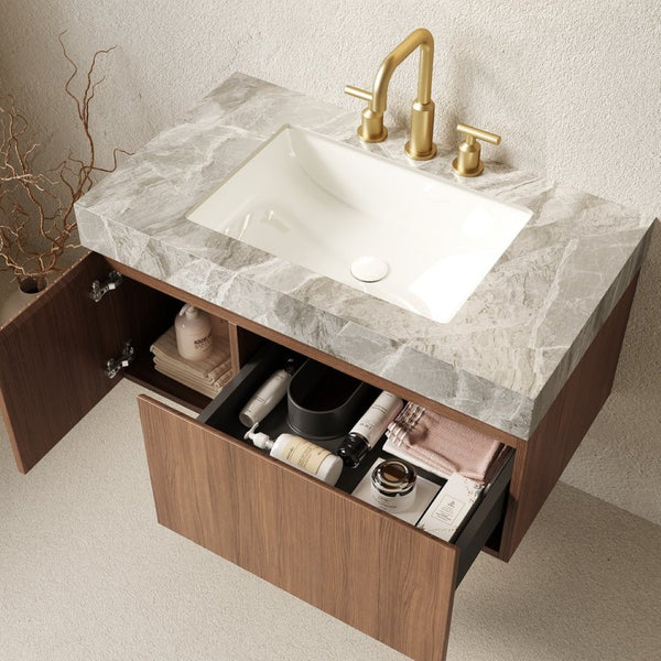 English Elm Muri Floating Bathroom Vanity Plywood Cabinet Oak Veneer Sintered Stone Top 36 Inch W2615S00593