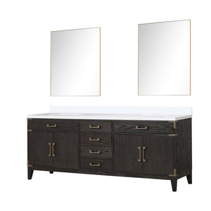 English Elm Brown Oak Double Bath Vanity Set With White Quartz Top & Two 36-Inch Mirrors For Stylish Storage B2731S01623