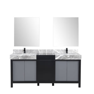English Elm Black Double Bath Vanity 72" W With Castle Grey Marble Top, Matte Black Faucets & 28" Mirrors Set B2731S01158