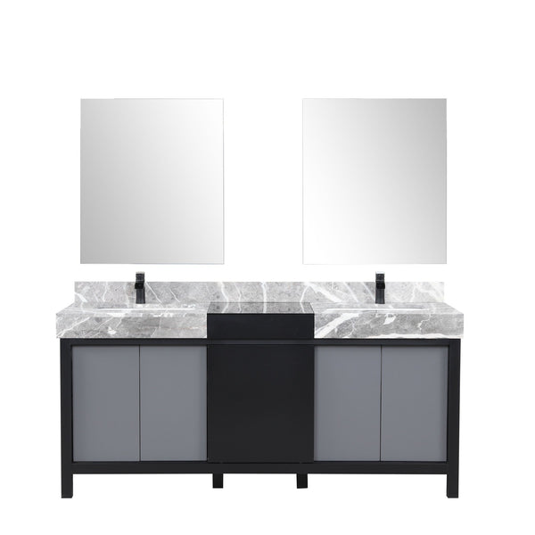 English Elm Black Double Bath Vanity 72" W With Castle Grey Marble Top, Matte Black Faucets & 28" Mirrors Set B2731S01158