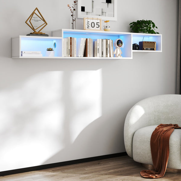 English Elm 65.35in Wall Mounted Floating TV Stand with 20 Color LEDs, Charging Station & Spacious Cable Management for Modern Entertainment White W331P242457