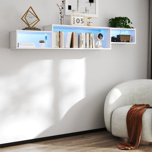 English Elm 65.35in Wall Mounted Floating TV Stand with 20 Color LEDs, Charging Station & Space-Saving Shelf Design White W331P242457