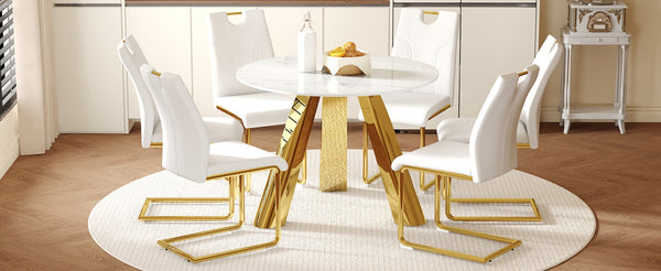 English Elm Table 7-Piece Dining Set - 42" Round Snow Mountain White Sintered Stone Table & Elegant Chairs W2920S00046-GIGA