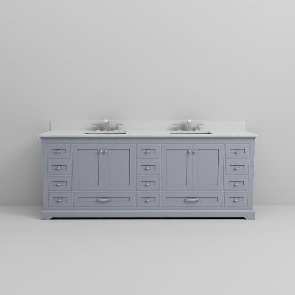 English Elm Dark Grey Double Bath Vanity 84" W x 22" D with White Quartz Top, 14 Drawers, Soft-Close, Faucet (98) B2731P258427