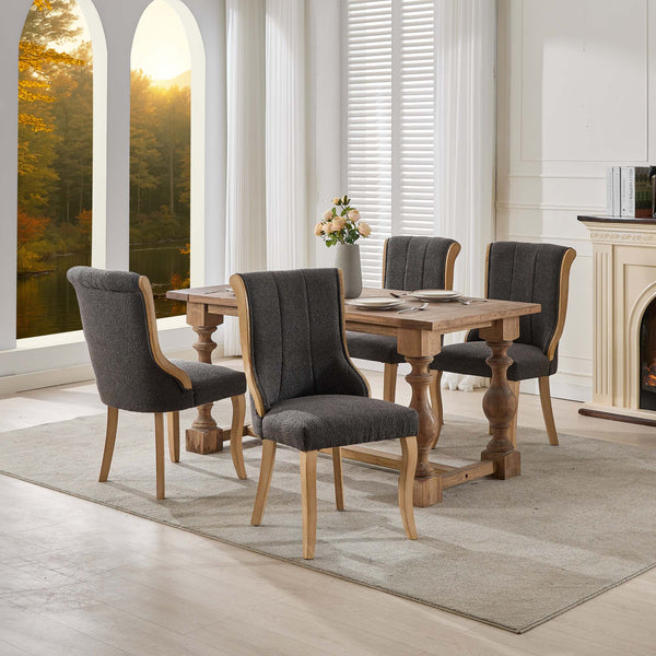 English Elm Snow Velvet dining chair with mid-century curved wood trim, plush foam support, sturdy solid wood craftsmanship and sculpted legs for elegant dining and lounge seating Gray W1143P332692