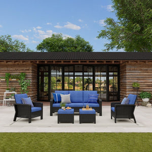 English Elm Tl Five Piece Outdoor Sectional Set Pe Wicker High Back Sofa Chairs Footstools T5925S00012
