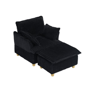 English Elm This single-seat corduroy sofa with ottoman and pillows — compact lounge chair for cozy reading nooks and naps Black W1658S00111
