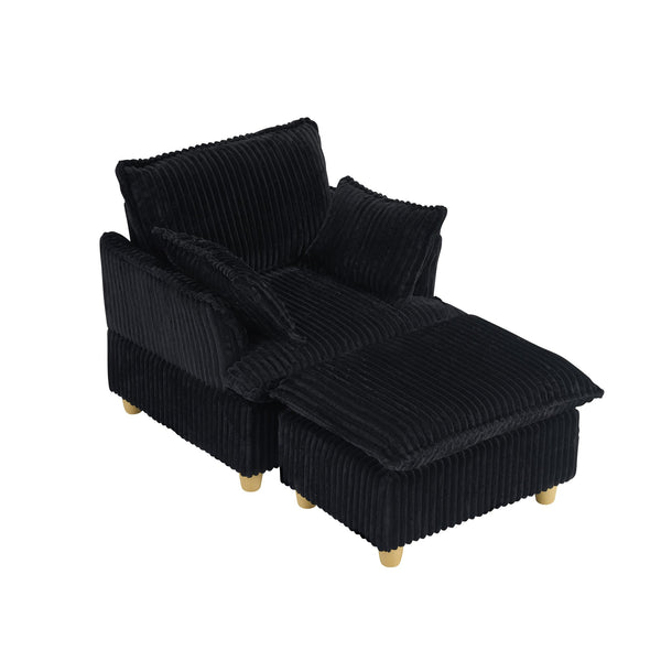English Elm This single-seat corduroy sofa with ottoman and pillows — compact lounge chair for cozy reading nooks and naps Black W1658S00111