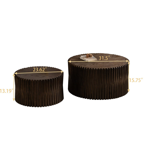 English Elm Vintage Cylindrical Nesting Coffee Table Set, Textured Embossed Wood Accent Tables for Living Room Dark Brown W757P195739