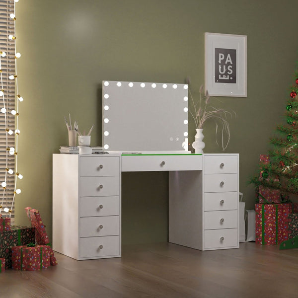 English Elm Vanity Desk Hollywood Mirror 18 Led Bulbs Rgb Strip Bluetooth Speakers 11 Drawers W3660S00003
