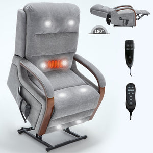 English Elm Power Lift Recliner Chair Chenille Upholstery Dual Motor Heat Massage Solid Wood Arms Gray W1803S00066