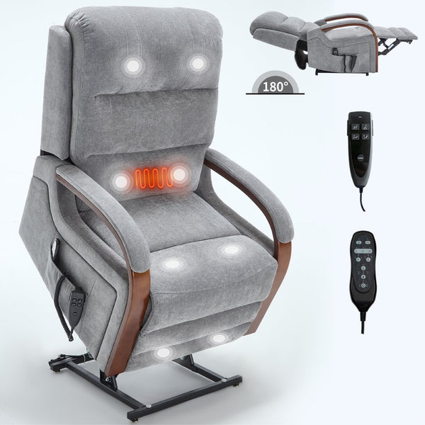 English Elm Power Lift Recliner Chair Chenille Upholstery Dual Motor Heat Massage Solid Wood Arms Gray W1803S00066