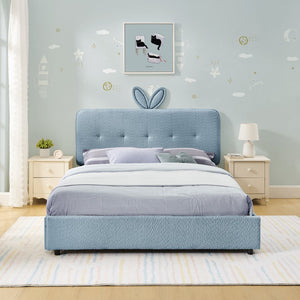 English Elm Full Size Kids Storage Bed Boucle Upholstered Rabbit Ear Headboard with Led Lighting Navy W1413P384925