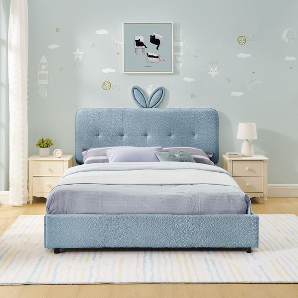 English Elm Full Size Kids Storage Bed Boucle Upholstered Rabbit Ear Headboard with Led Lighting Navy W1413P384925