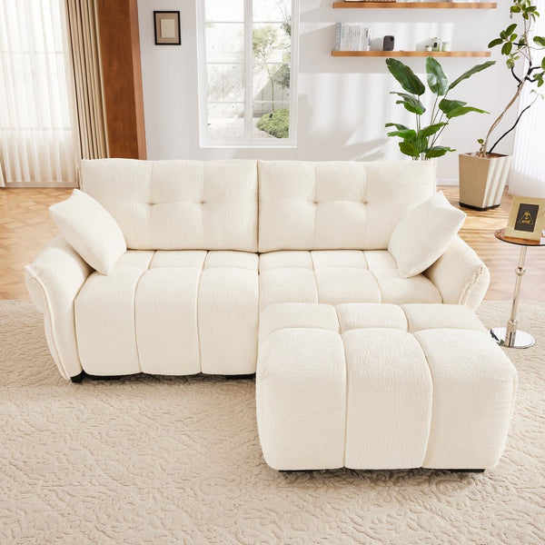 English Elm Modern Chenille 2-Seater Sofa with Ottoman, Minimalist Tufted Design, Plush High-Resilience Comfort and Durable Wooden Frame White W714S01134