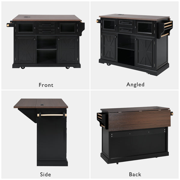 English Elm K&K 54.9" Farmhouse Kitchen Island Cart with Drop Leaf, Charging Station, Barn Doors & Glass Pane Black N707P300277B