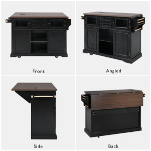 English Elm K&k Farmhouse Rolling Kitchen Island with Barn Doors Power Outlet and Drop Leaf Black N707S300277B