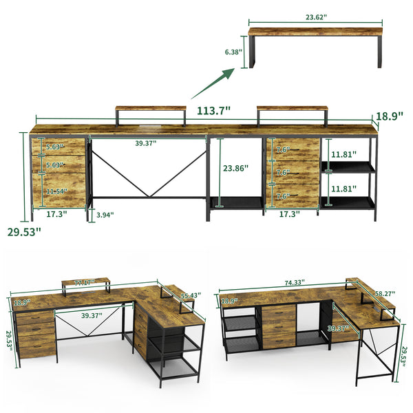 English Elm 114 Industrial L-Shaped Desk 114" with Power Hub & USB-C, 6 Fabric Drawers, 3 Shelves, Rustic Brown W2735P332342