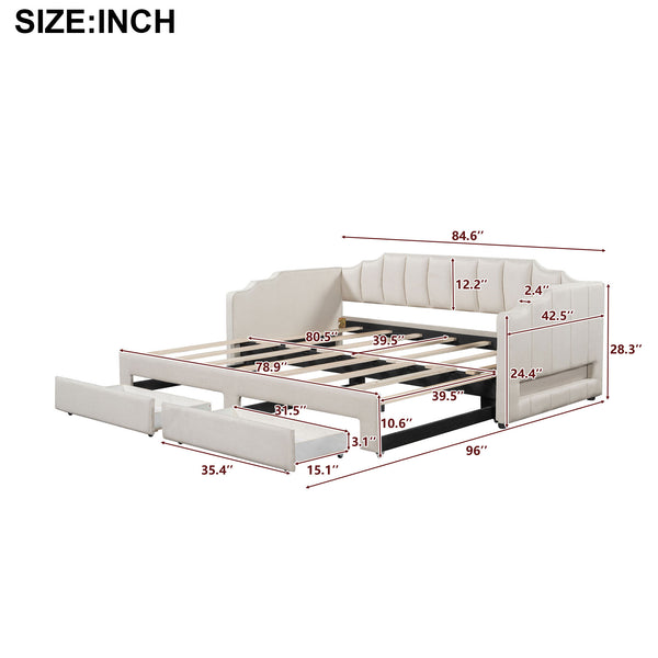 English Elm Twin Extendable Upholstered Daybed with Two Storage Drawers, LED Light, Slat Kit Included for Guests Beige N7500002061A