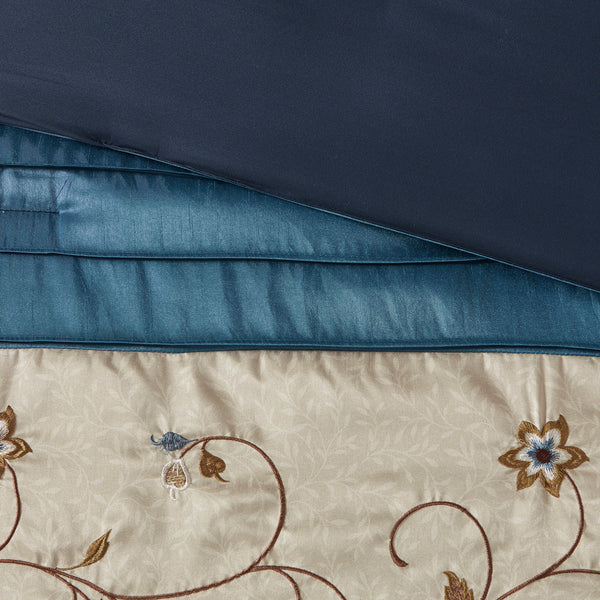 English Elm Embroidered 7-Piece Navy King Comforter Set With Floral Design & Decorative Pillows For Elegance B03596945