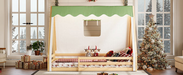 English Elm Twin Montessori Floor Bed Solid Pine Teepee Frame with Guardrails and Canopy Light W1580P369466