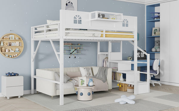 English Elm Queen Size Loft Bed With House-Shaped Guardrails, Stairs & Wardrobe - Perfect For Kids & Teens! W2593S00038-GIGA