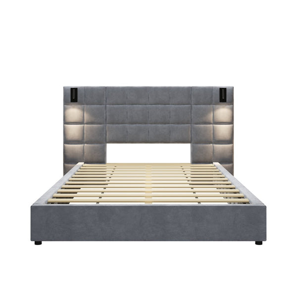 English Elm Queen Velvet Platform Bed Wide Headboard Built in Sconces Usb Ports Modern Bedroom N757Q200046G-1