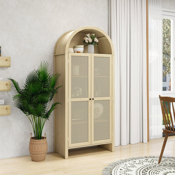 English Elm 70.28" Tall Arched Kitchen Pantry - Elegant Rattan Storage Cabinet With Adjustable Shelves & Safety Features W688P204451