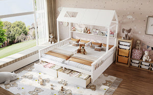 English Elm Double Twin House Bed Pine Wood Frame Kids Playhouse Bunk with Storage Drawers White W5305S00006
