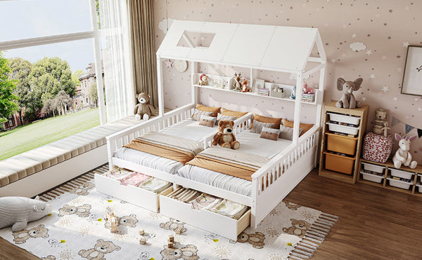 English Elm Double Twin House Bed Pine Wood Frame Kids Playhouse Bunk with Storage Drawers White W5305S00006