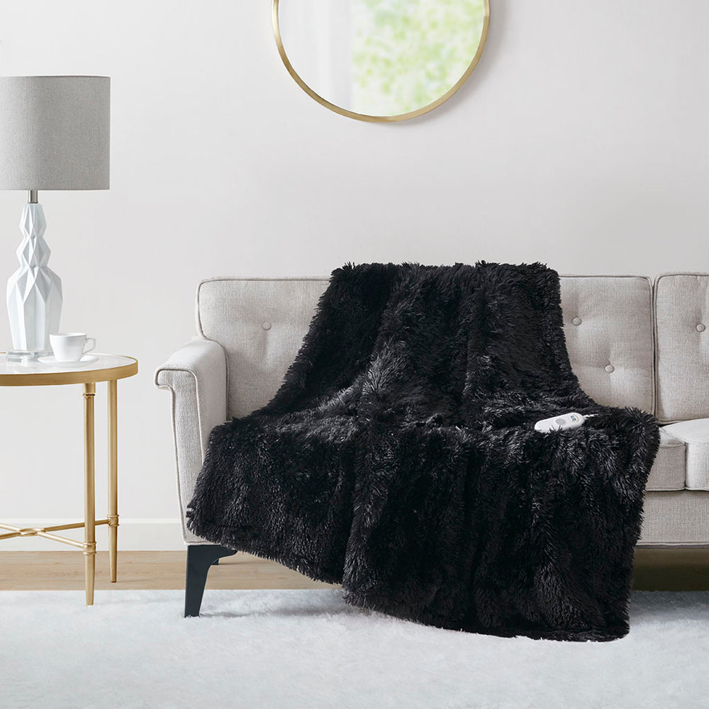 JLA Home Serta - Shaggy Serta Malea Faux Fur Heated Throw with 5 Heat Levels, 3HR Auto Shut-Off, Plush Dual-Sided Comfort Black ST54-0153
