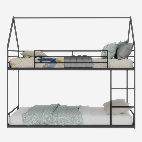 English Elm Metal Twin over Twin Bunk Bed Sturdy Heavy-Duty Frame with Silent Slats, 13" Guardrail & Ladder Black W1935P330797