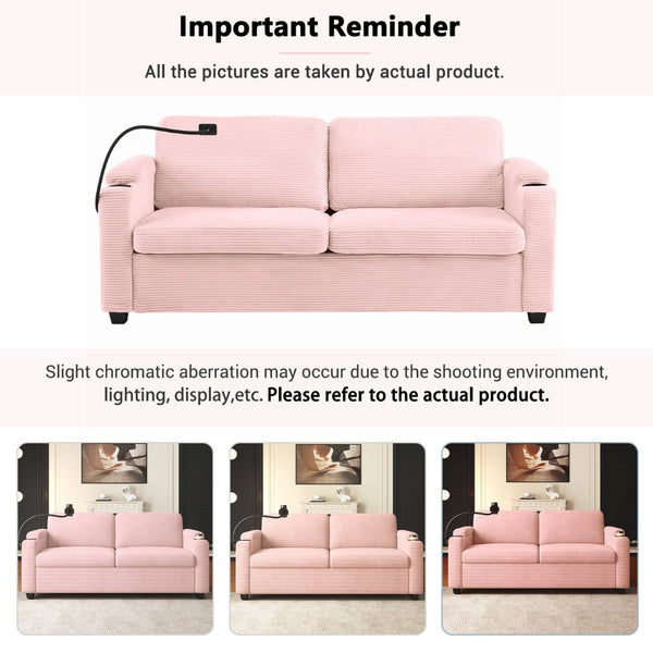 English Elm 72.8" Corduroy Convertible Loveseat with Full Bed Usb Charging and Storage Pockets N719P208880P