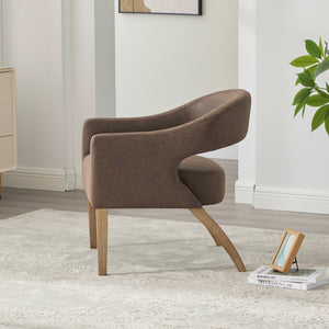 English Elm Modern Upholstered PU Open Back Accent Armchair with Weathered Rubberwood Legs and Foam Seat Comfort Coffee W3118P307509