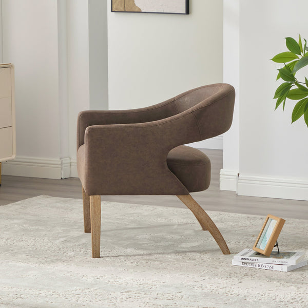 English Elm Modern Upholstered PU Open Back Accent Armchair with Weathered Rubberwood Legs and Foam Seat Comfort Coffee W3118P307509