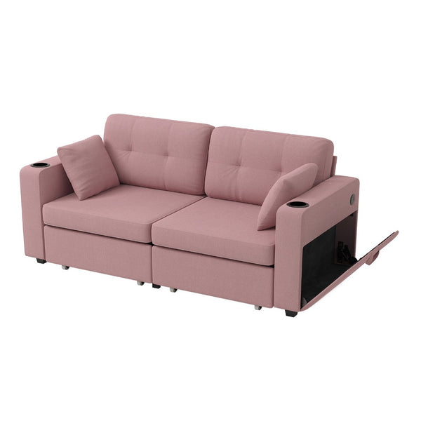 English Elm Sofas for Living Room Chenille Three Seat Couch with Usb Charging Storage and Cup Holder Pink W395S00147