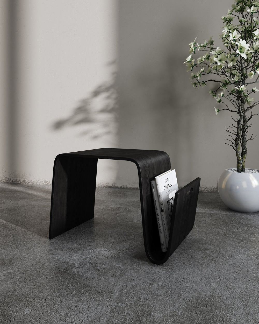 English Elm Brookside End Table with Curved Magazine Shelf & Cut-Out Handle, Plywood Veneer, Fully Assembled Black B365P398081