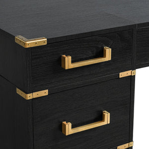 English Elm 70" Executive Writing Desk with Gold Metal Trim Seven Drawers and Built-in Power Outlets N751S376579B
