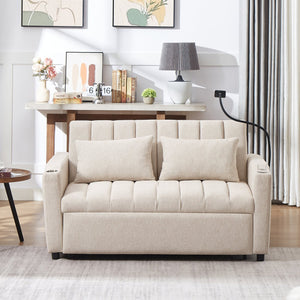 English Elm 55.9" Convertible Sofa Bed Loveseat with 3 USB Ports, Cup Holders, Side Pockets & 360° Phone Swivel Beige WF322620AAA