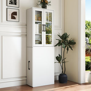 English Elm 70.87" Modern Display Storage Cabinet with 4-Tier Pull-Out Shelves, Dual Glass Doors for Home White W331P295245